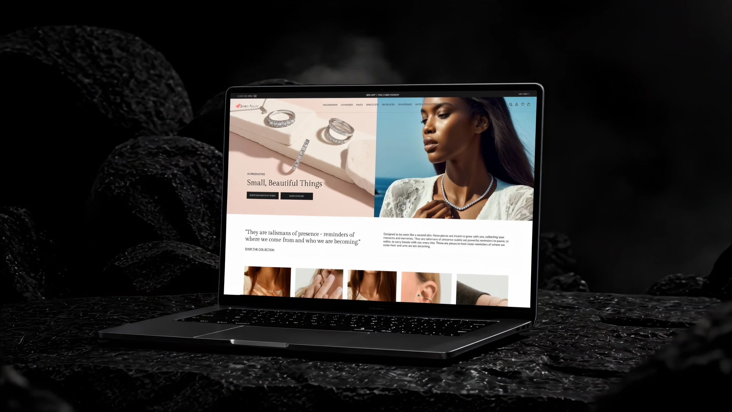 A collection of polished jewelry commerce interfaces across responsive web surfaces.