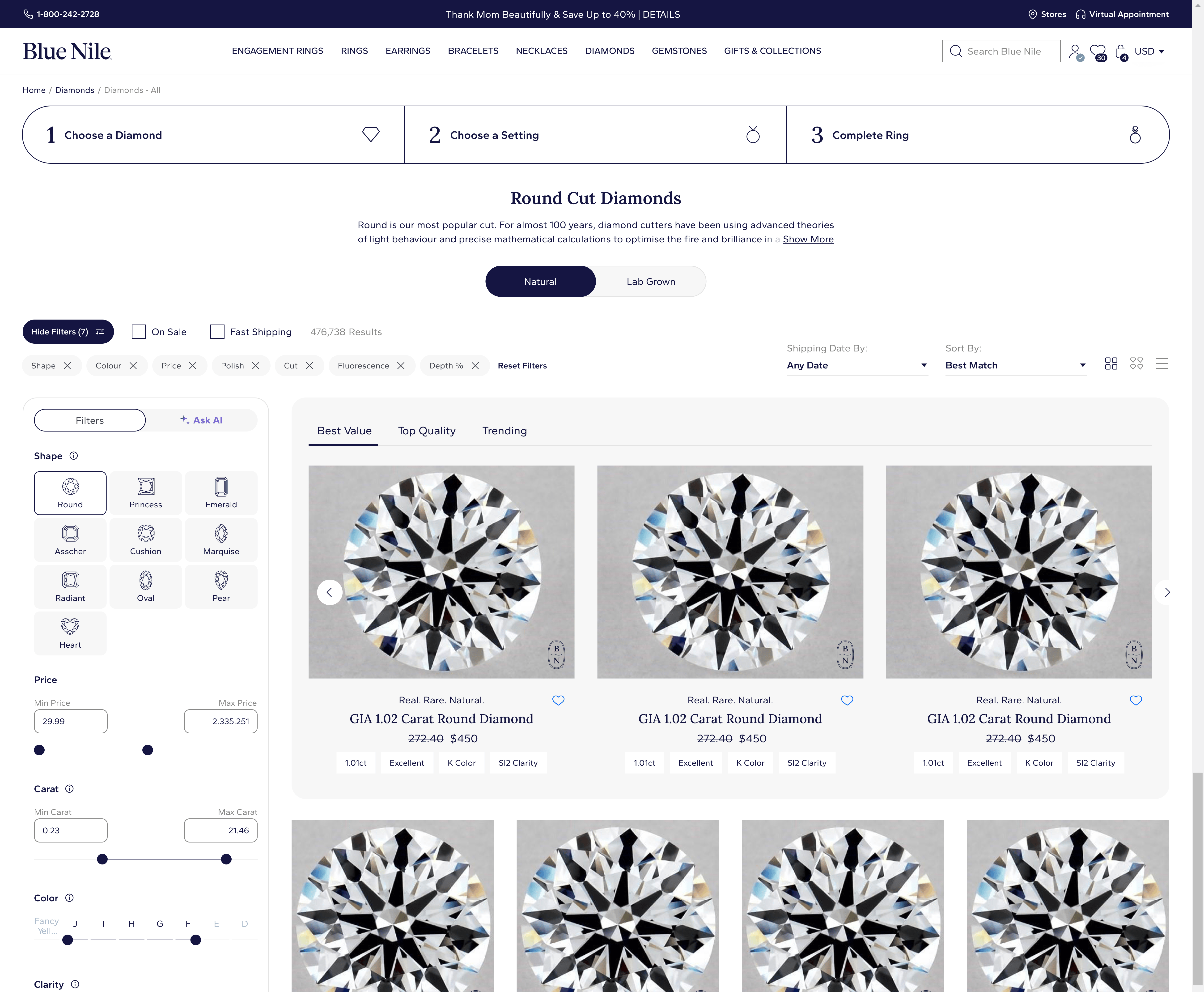 Blue Nile diamond discovery page with AI assistance, filter controls, product result cards, and comparison-oriented shopping controls.
