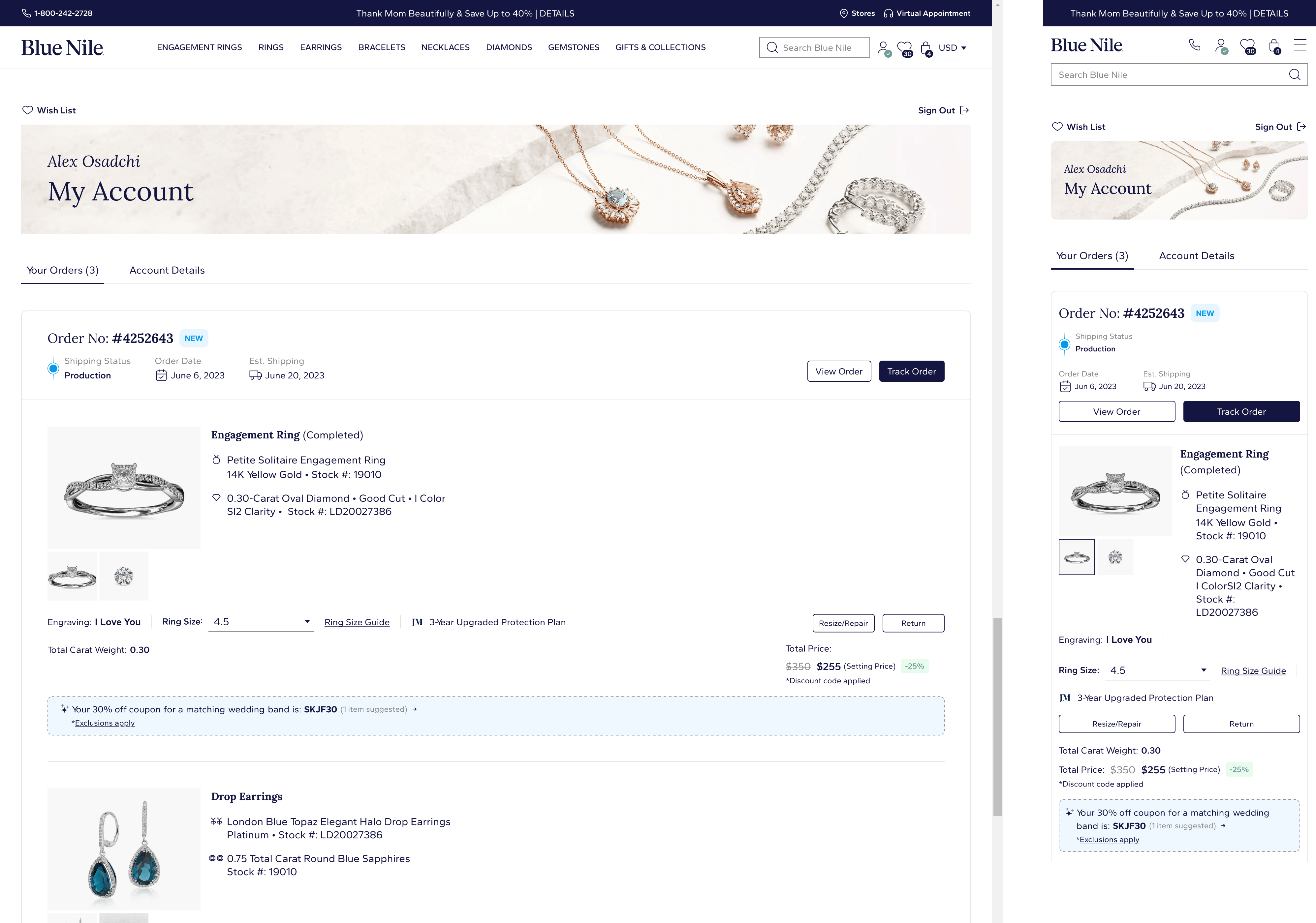Blue Nile My Account page showing order tracking, service actions, product details, and a responsive mobile account view.