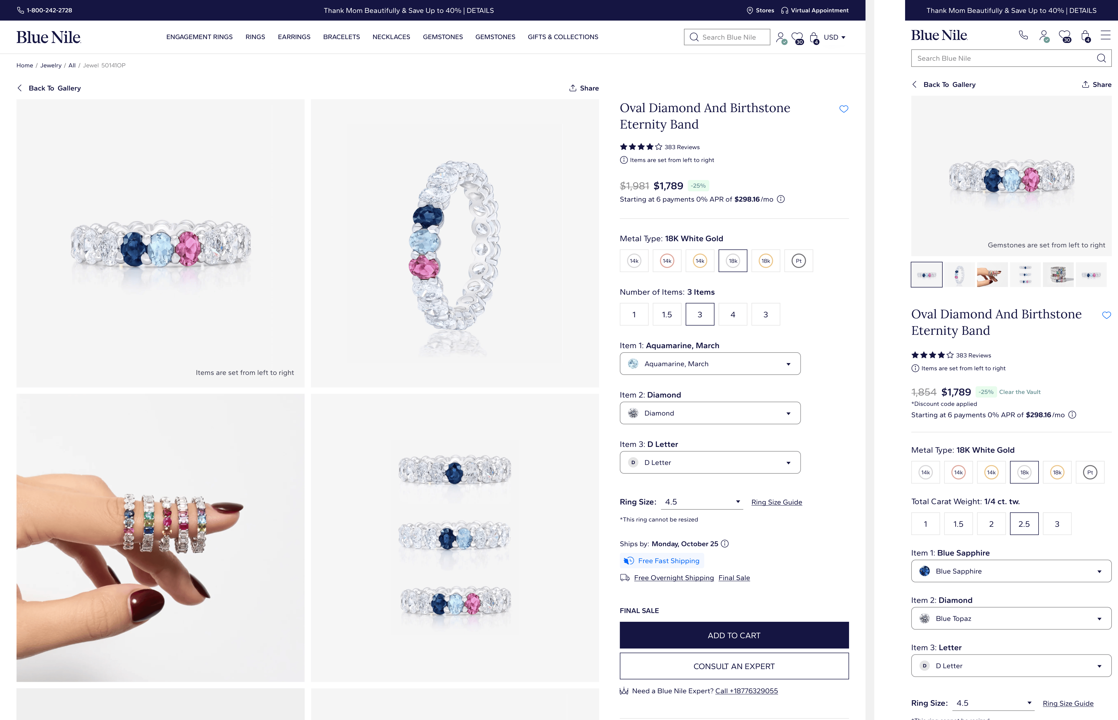 Blue Nile personalized jewel product detail page showing desktop and mobile layouts with product media, options, pricing, and purchase controls.