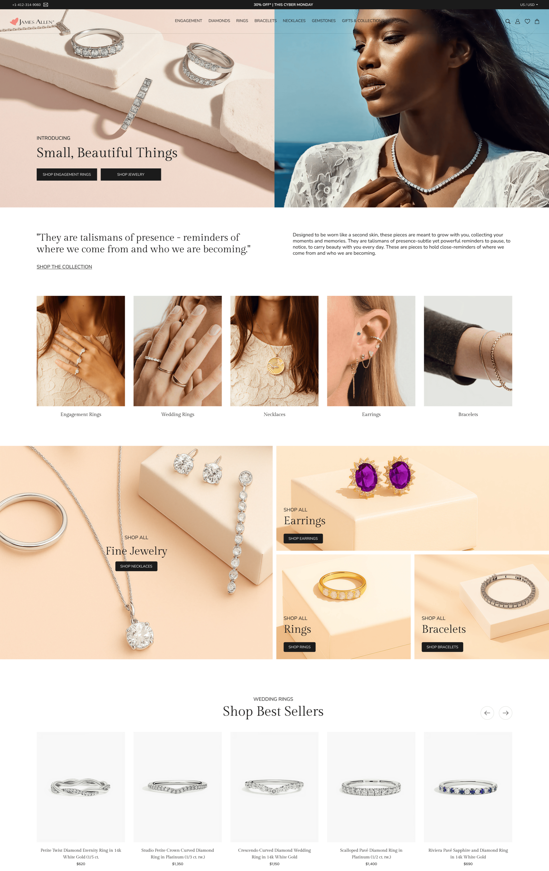 James Allen homepage redesign showing a premium hero, editorial product modules, and brand-led shopping sections.