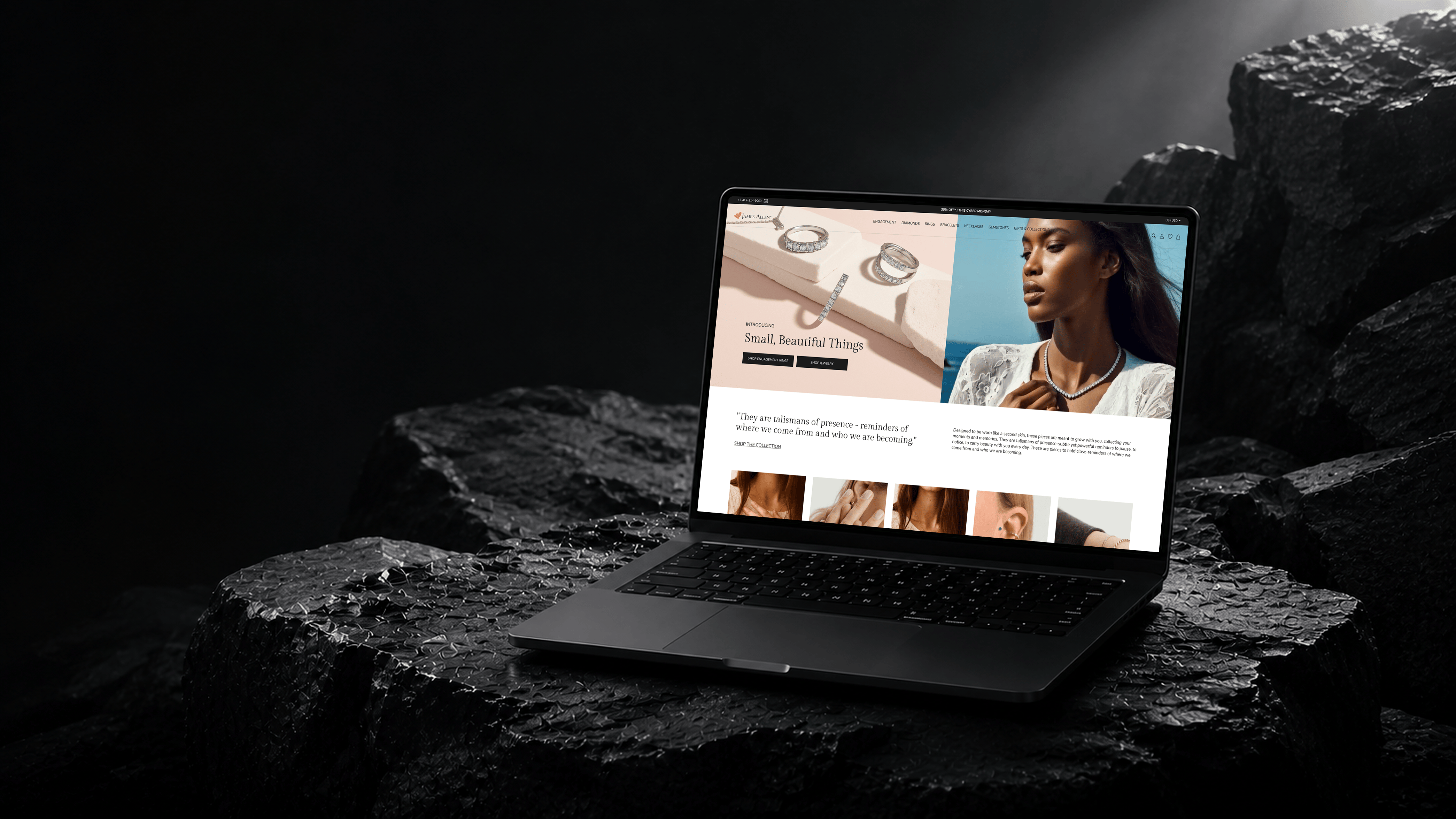 James Allen homepage redesign shown on a laptop surrounded by dark stone.