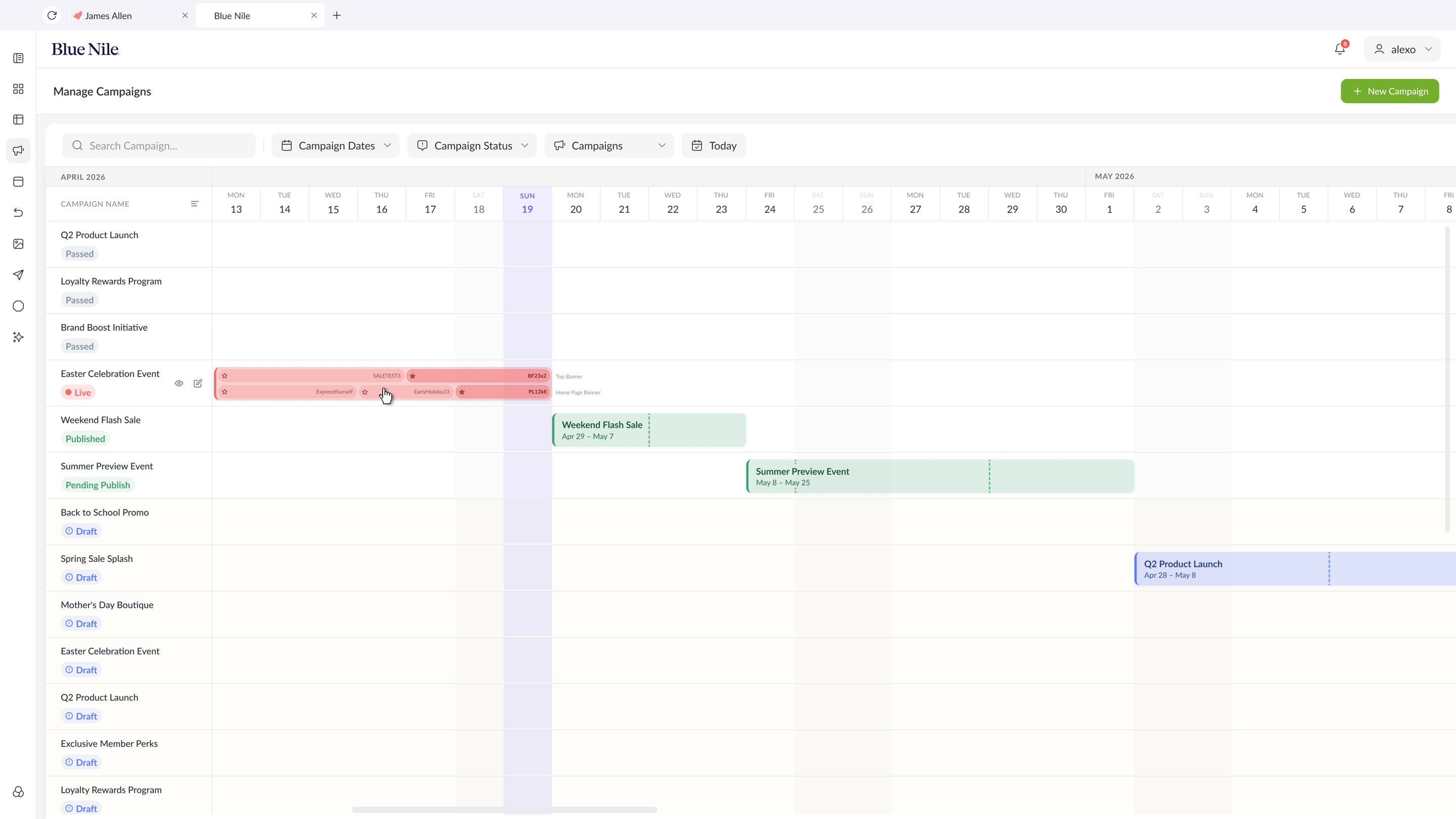 Content Toro campaign calendar showing campaign rows, date columns, publishing states, scheduled bars, and hover-visible campaign values by time and placement type.