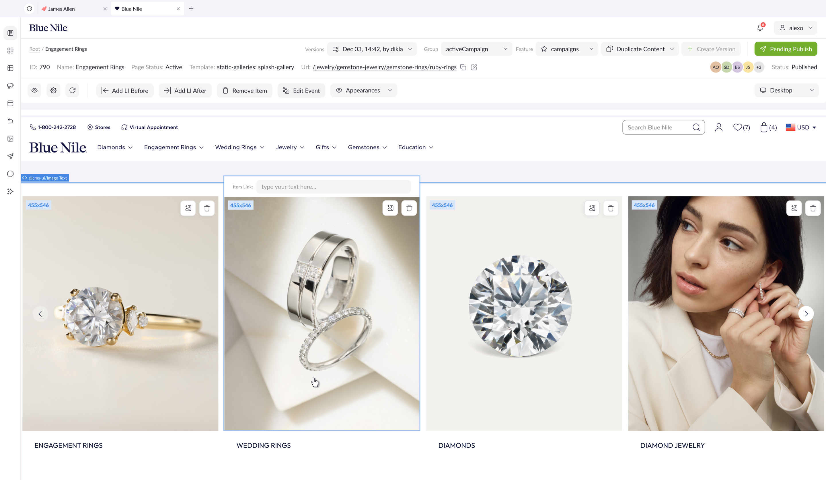 Content Toro page editor with a selected carousel component, edit event controls, appearance settings, and live page preview.