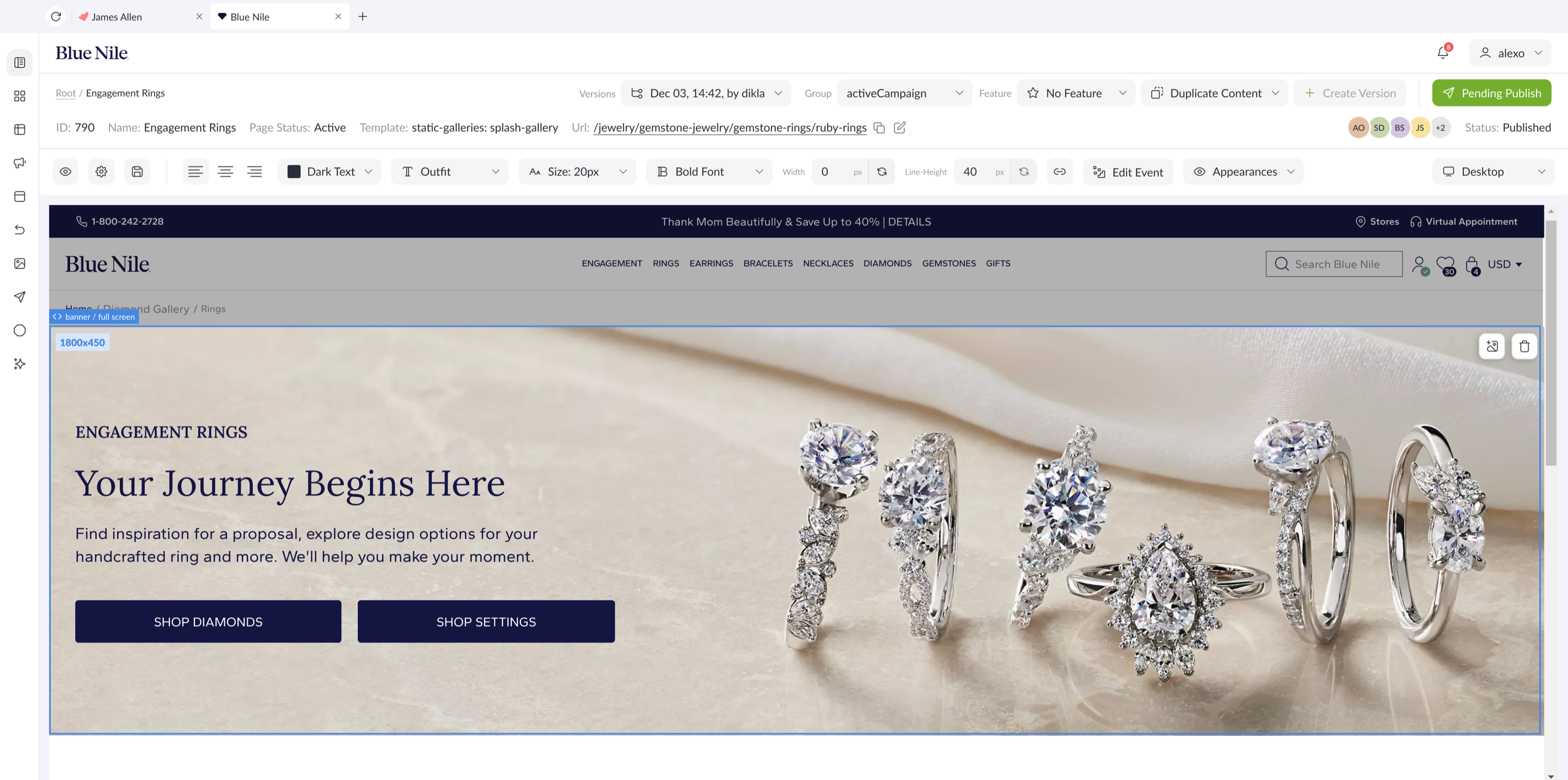 Content Toro CMS workspace with a selected page component, editable page context, version controls, and publishing actions.
