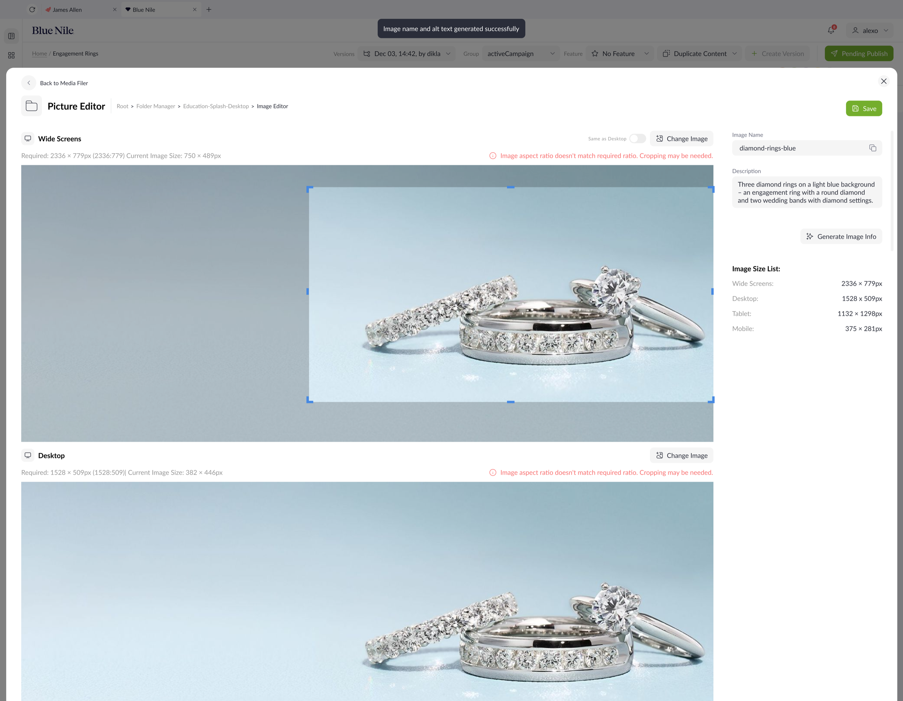 Content Toro asset editor with image ratio warnings, title and alt text fields, required sizes, and save controls.