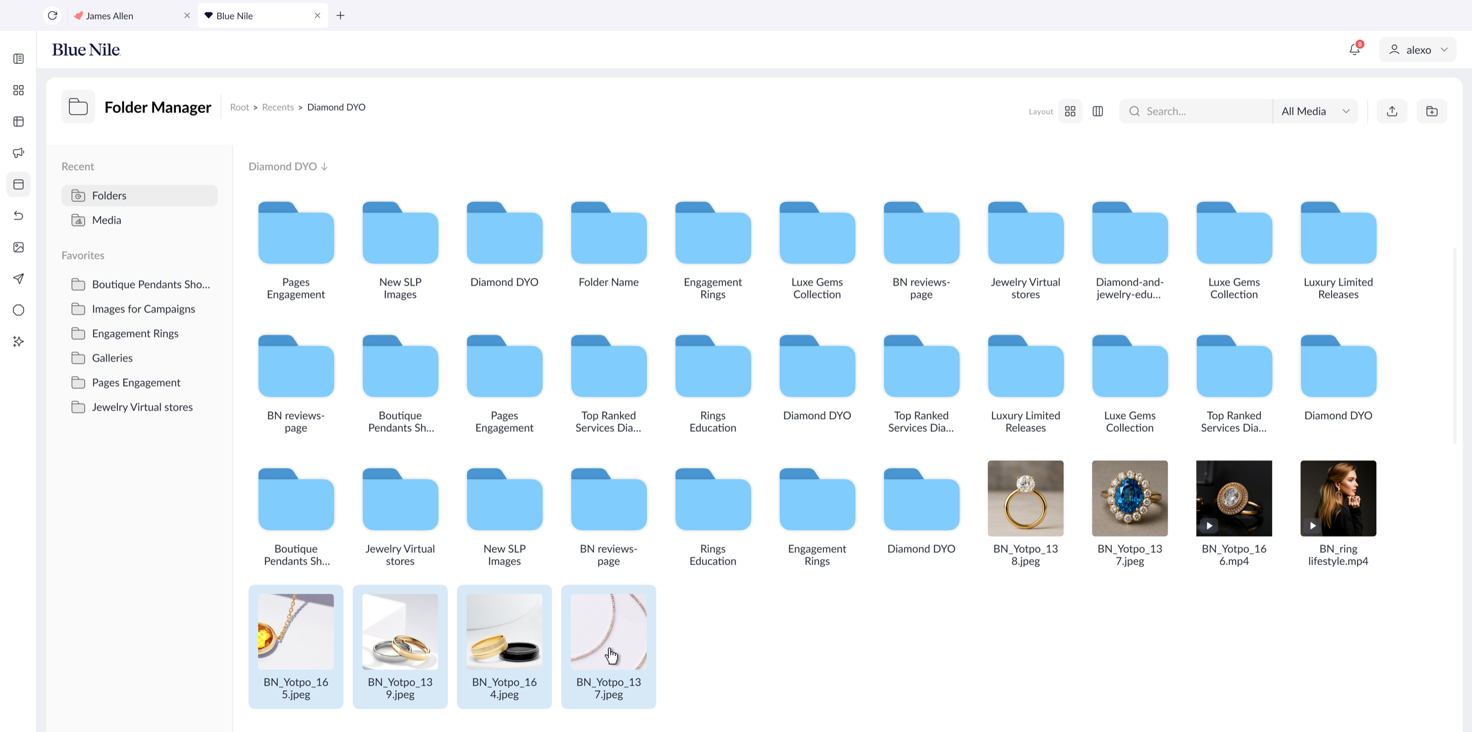 Content Toro folder manager with folders, media thumbnails, navigation hierarchy, layout controls, and multi-selection state.