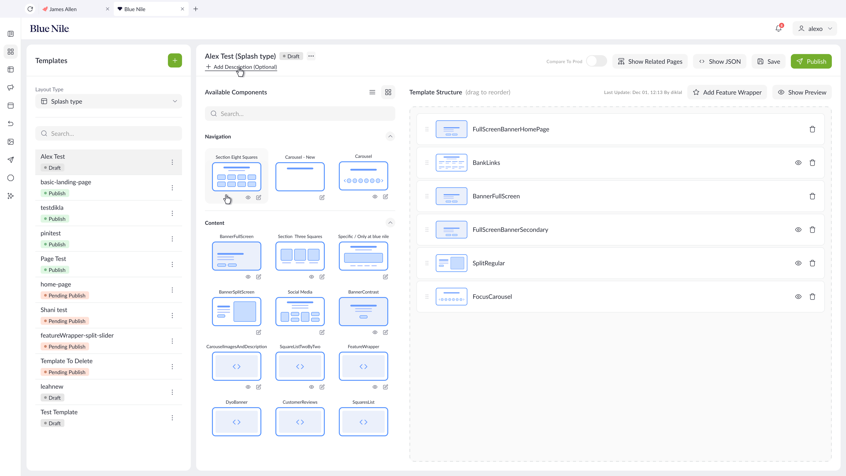 Content Toro template builder with available components, template structure, preview controls, and publishing actions.
