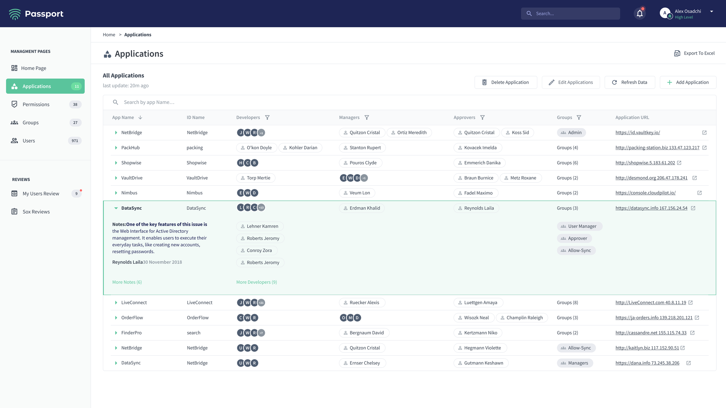 Passport applications table with an expanded application showing owners, approvers, groups, and notes.