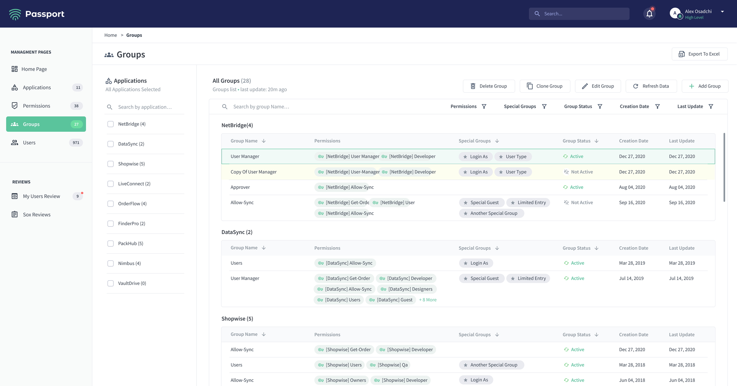 Passport groups workspace organized by application with permission tags, special groups, status, and update history.