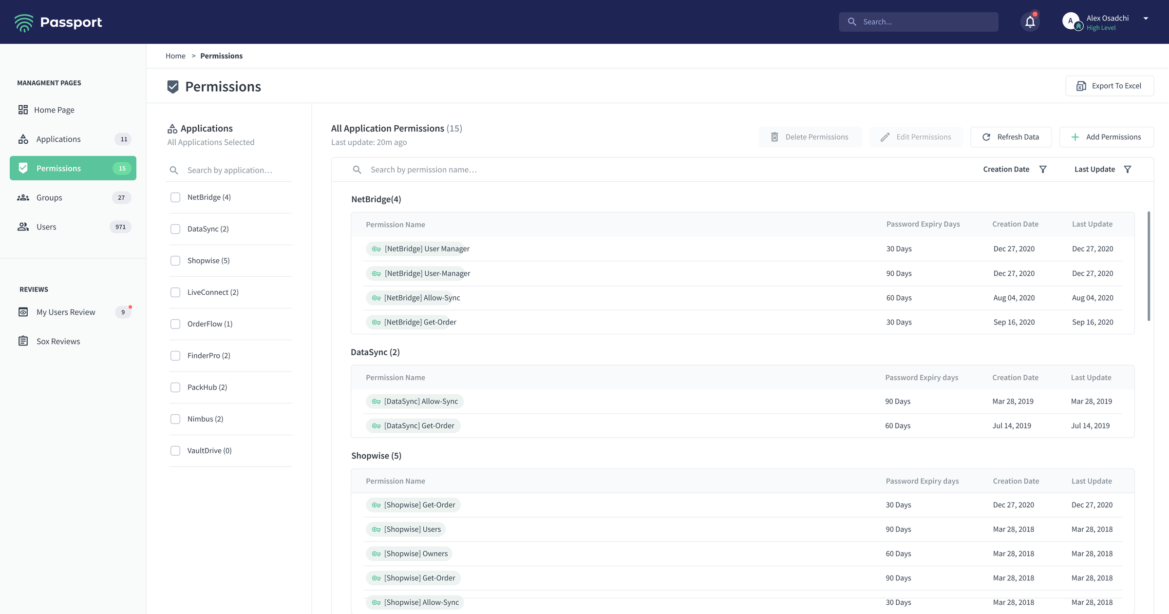 Passport permissions workspace organized by application with permission names and expiry policies.