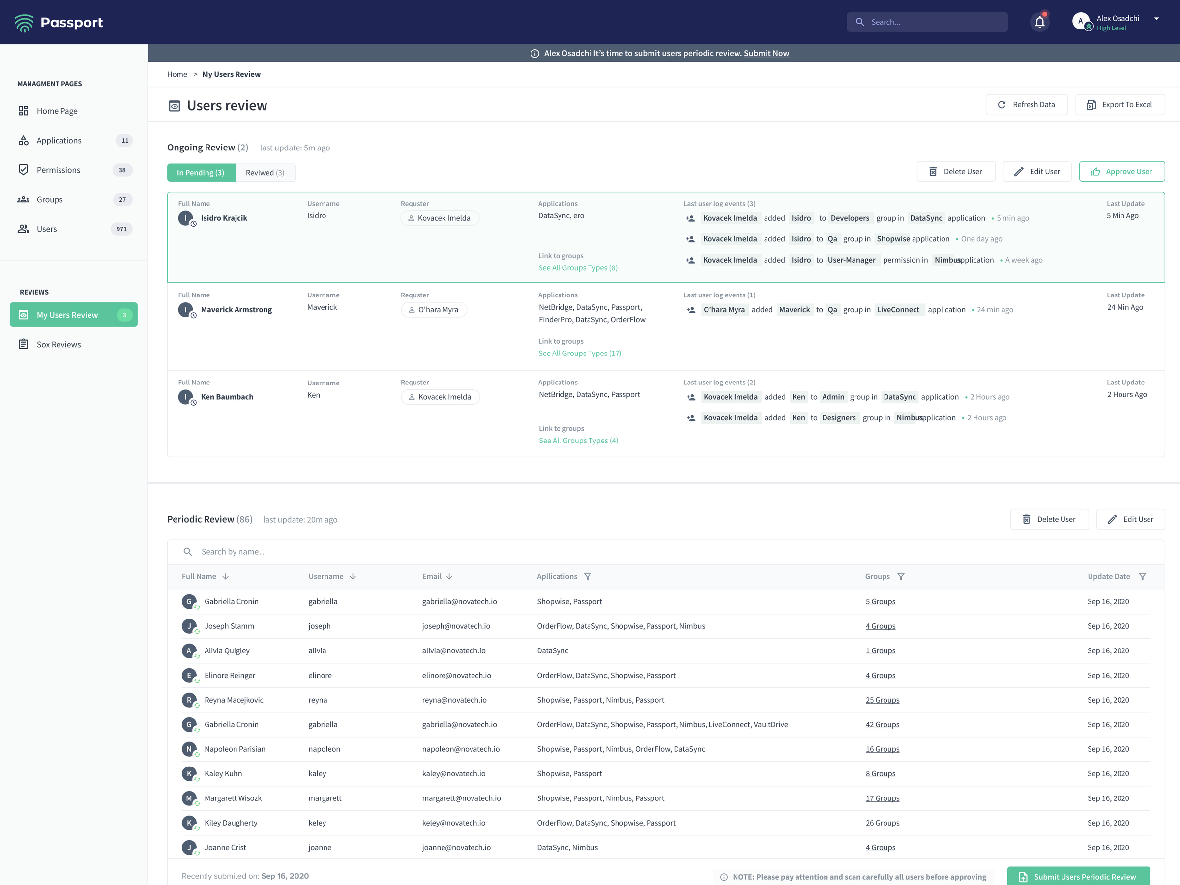 Passport pending access review with requester, applications, linked groups, recent activity, and approve, edit, and delete controls.