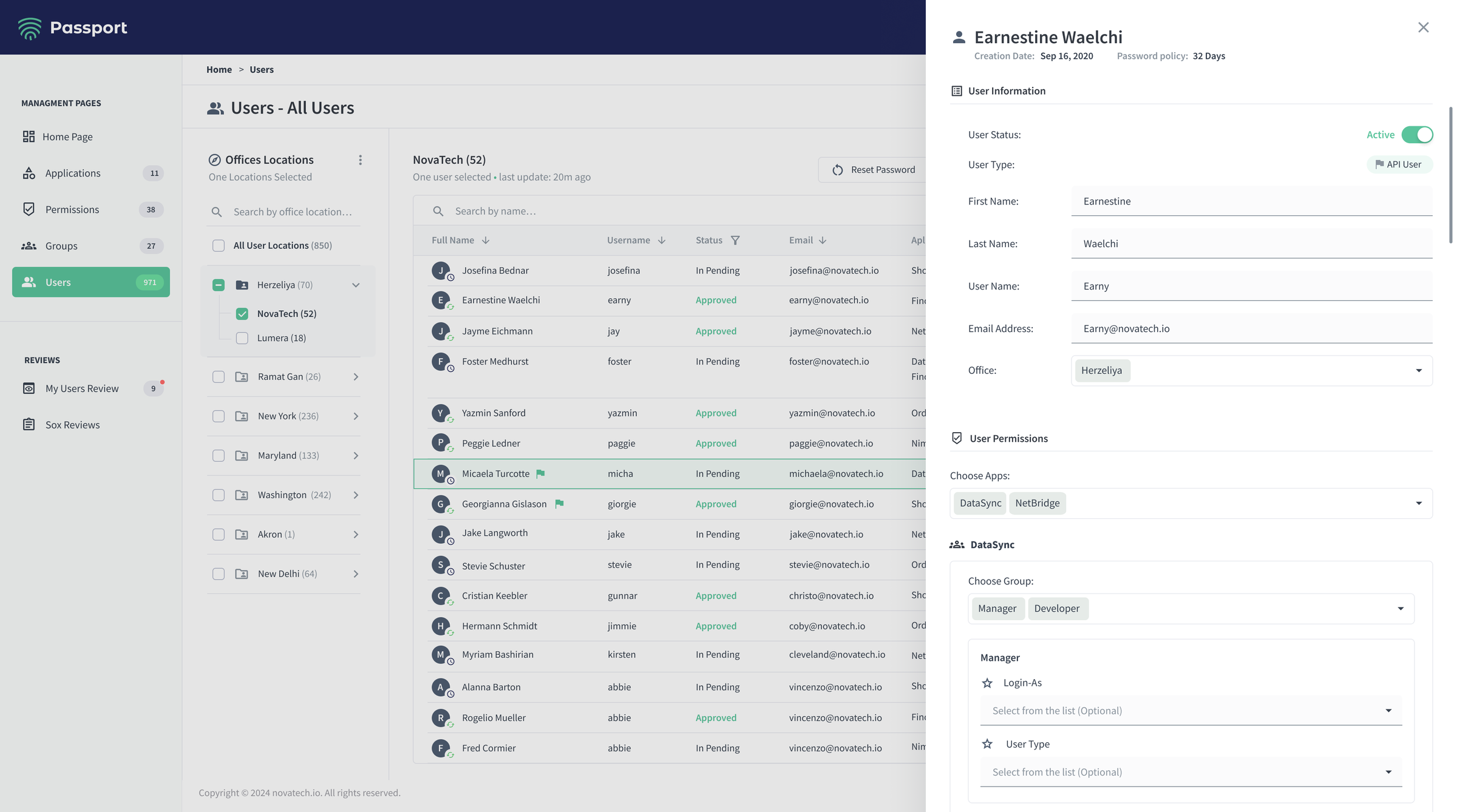 Passport users workspace with the edit drawer open, showing identity, applications, groups, roles, and special abilities.