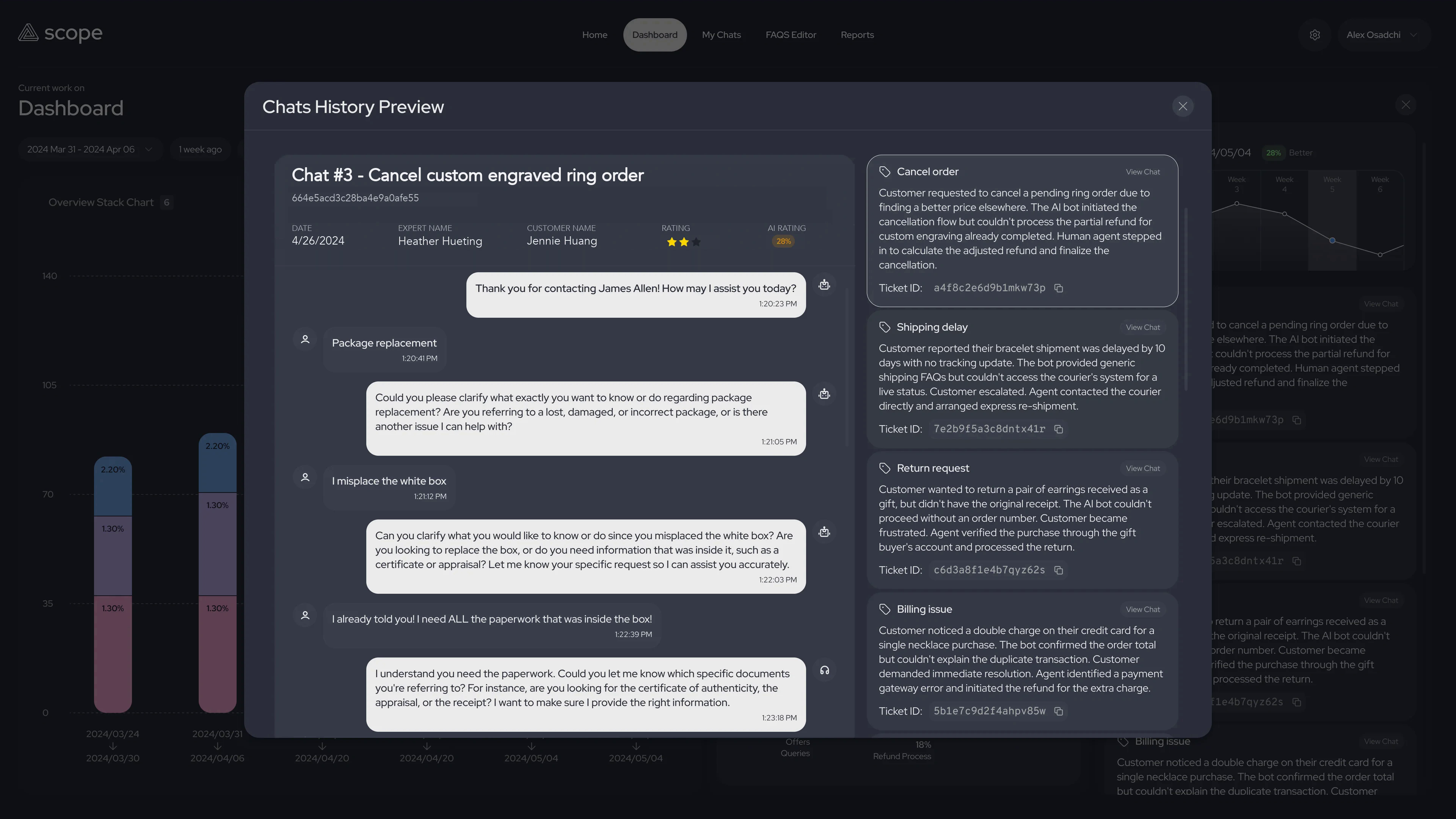 Scope chats history preview showing a conversation beside its review metadata and the escalation records it belongs to.