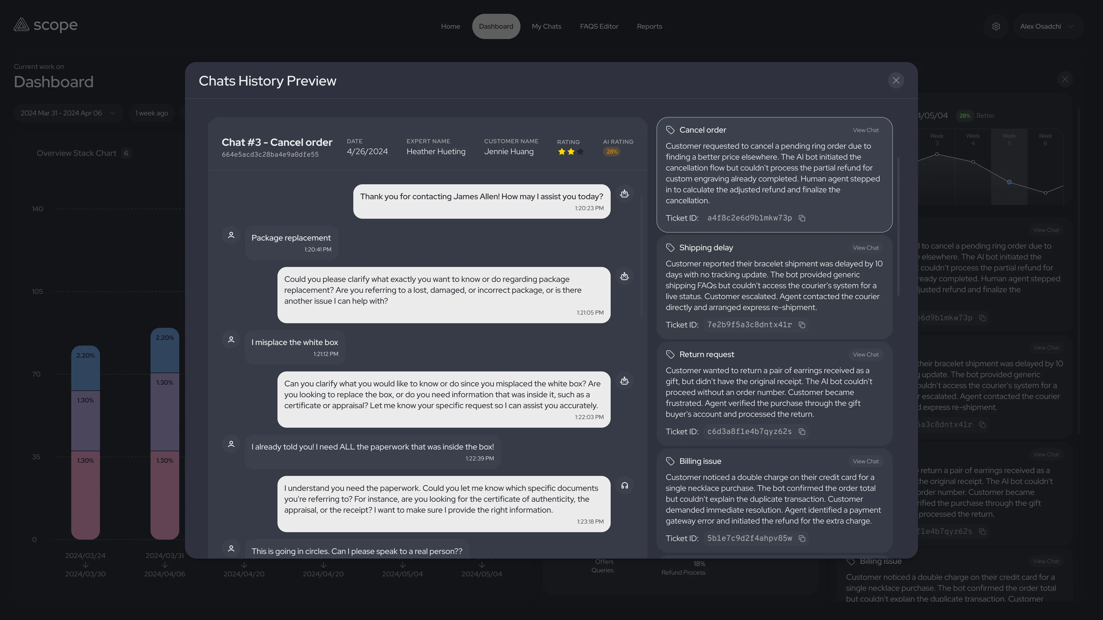 Scope chats history preview showing a conversation beside its review metadata and the escalation records it belongs to.