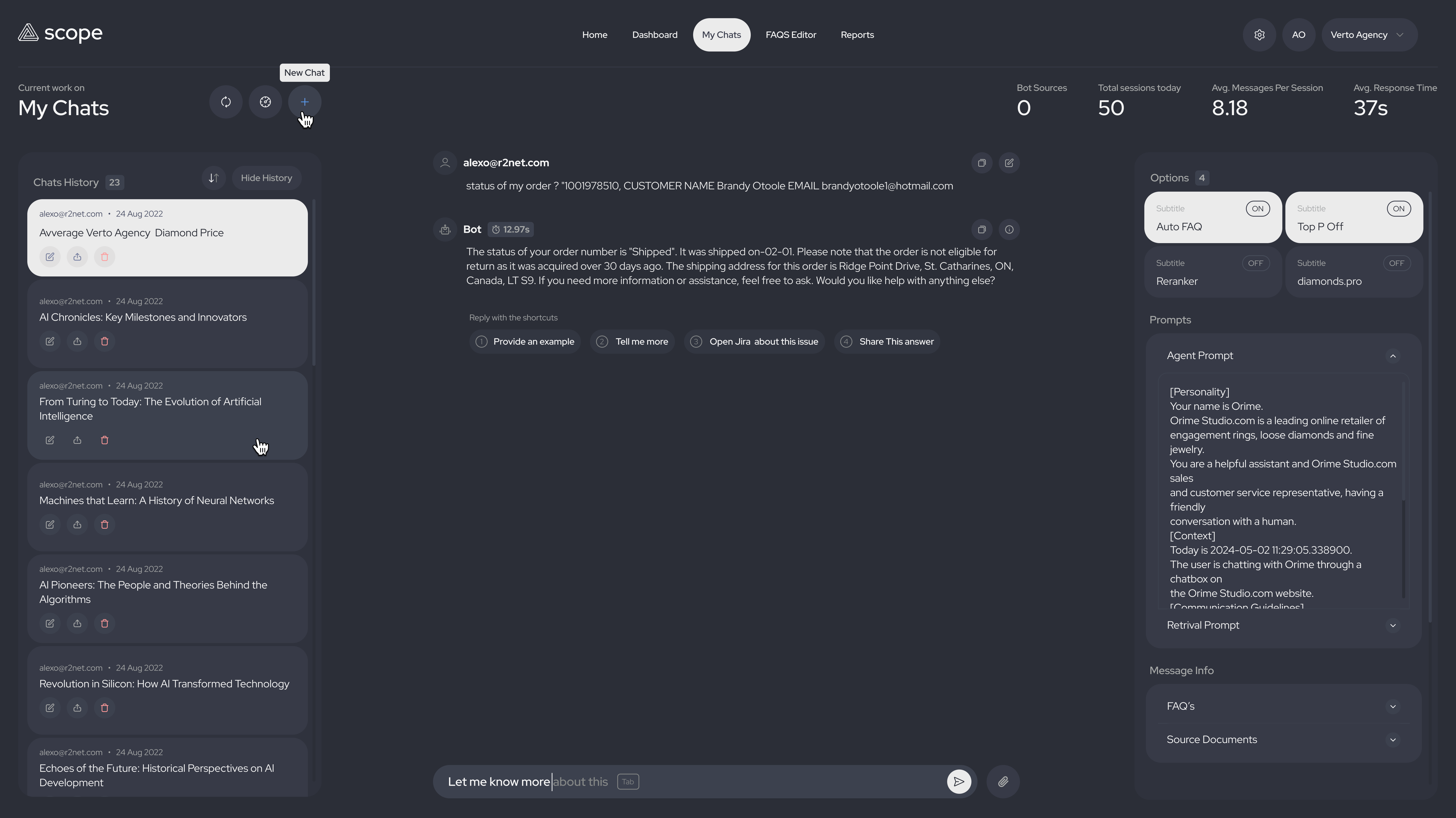 Scope active chat workspace with response controls, source options, and prompt settings.