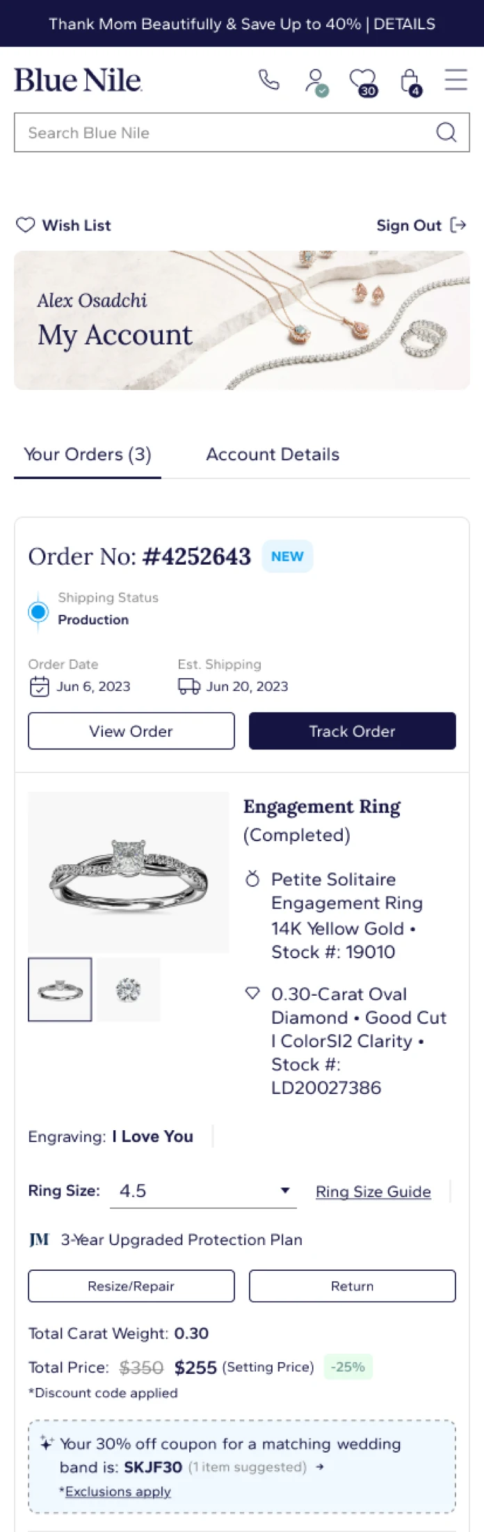 Blue Nile mobile account screen with order details, service links, product information, and support actions.