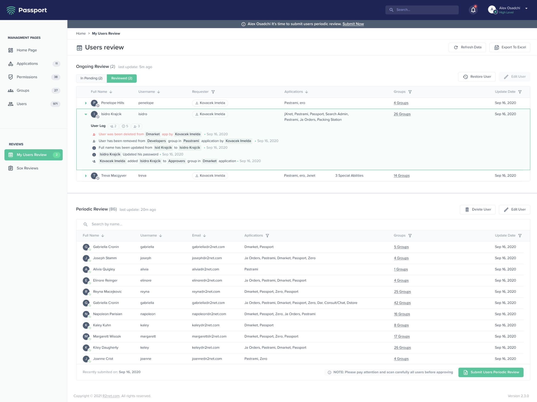 Passport user management interface showing permissions, roles, access controls, and team administration.