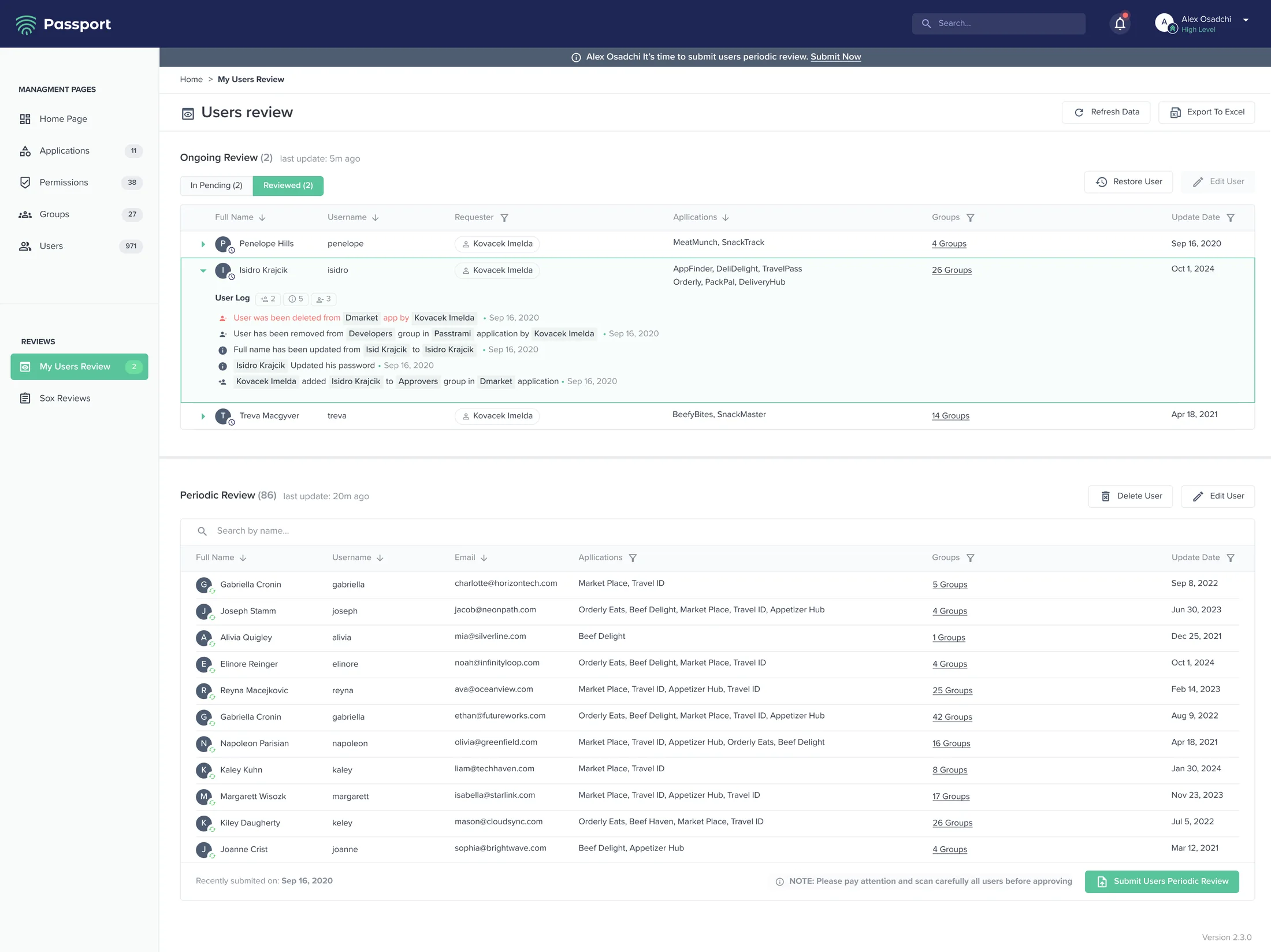 Passport users review dashboard with ongoing and periodic review tables, user activity log, status controls, and submission action.