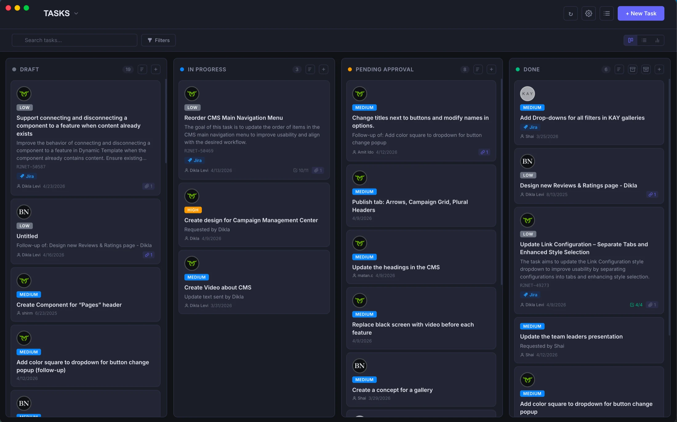 Todo Soft dark kanban board with Jira and Slack task cards, priority columns, labels, and send controls.