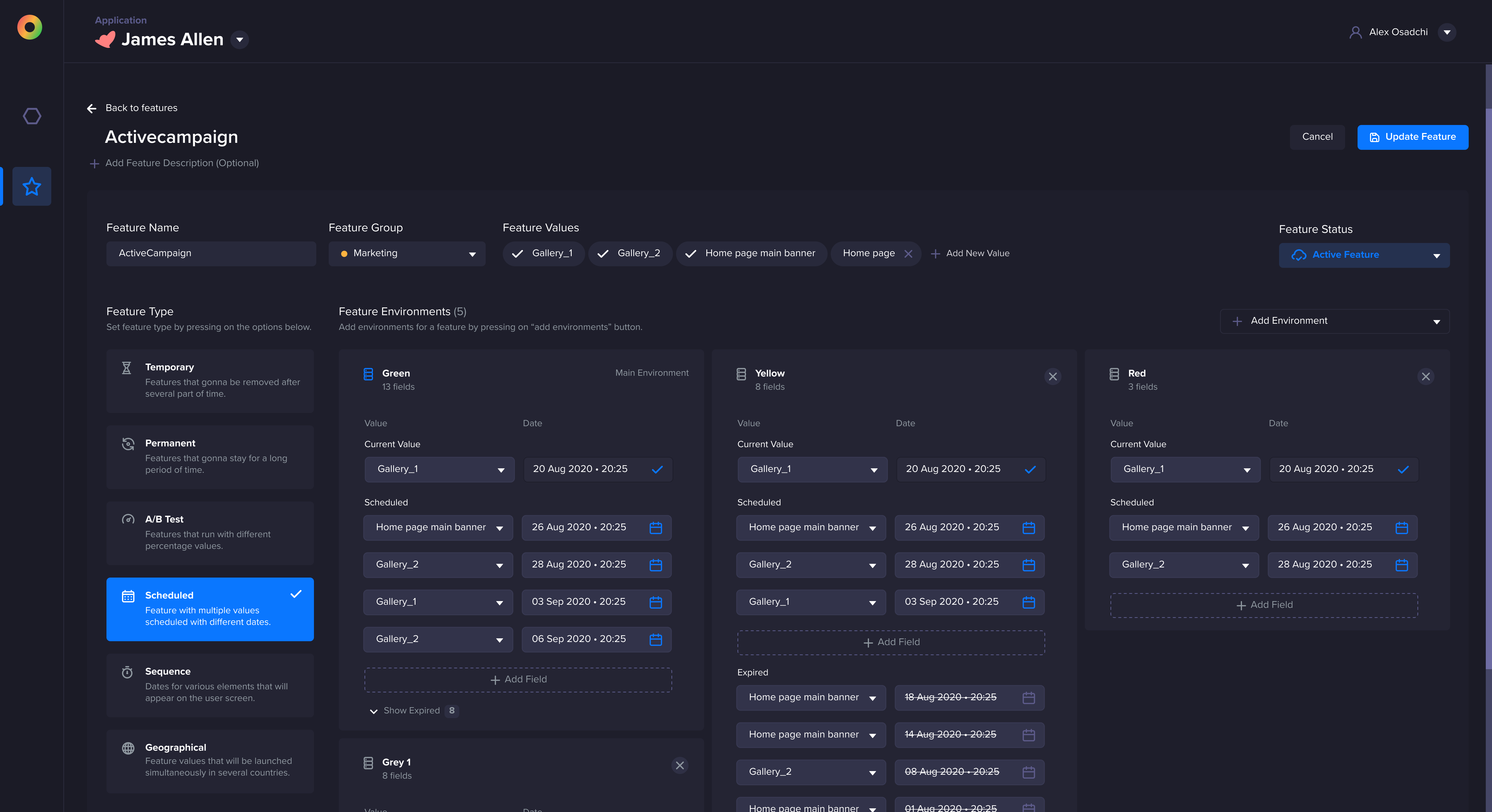Zero feature configuration screen with feature type, environment panels, scheduled values, and status controls.