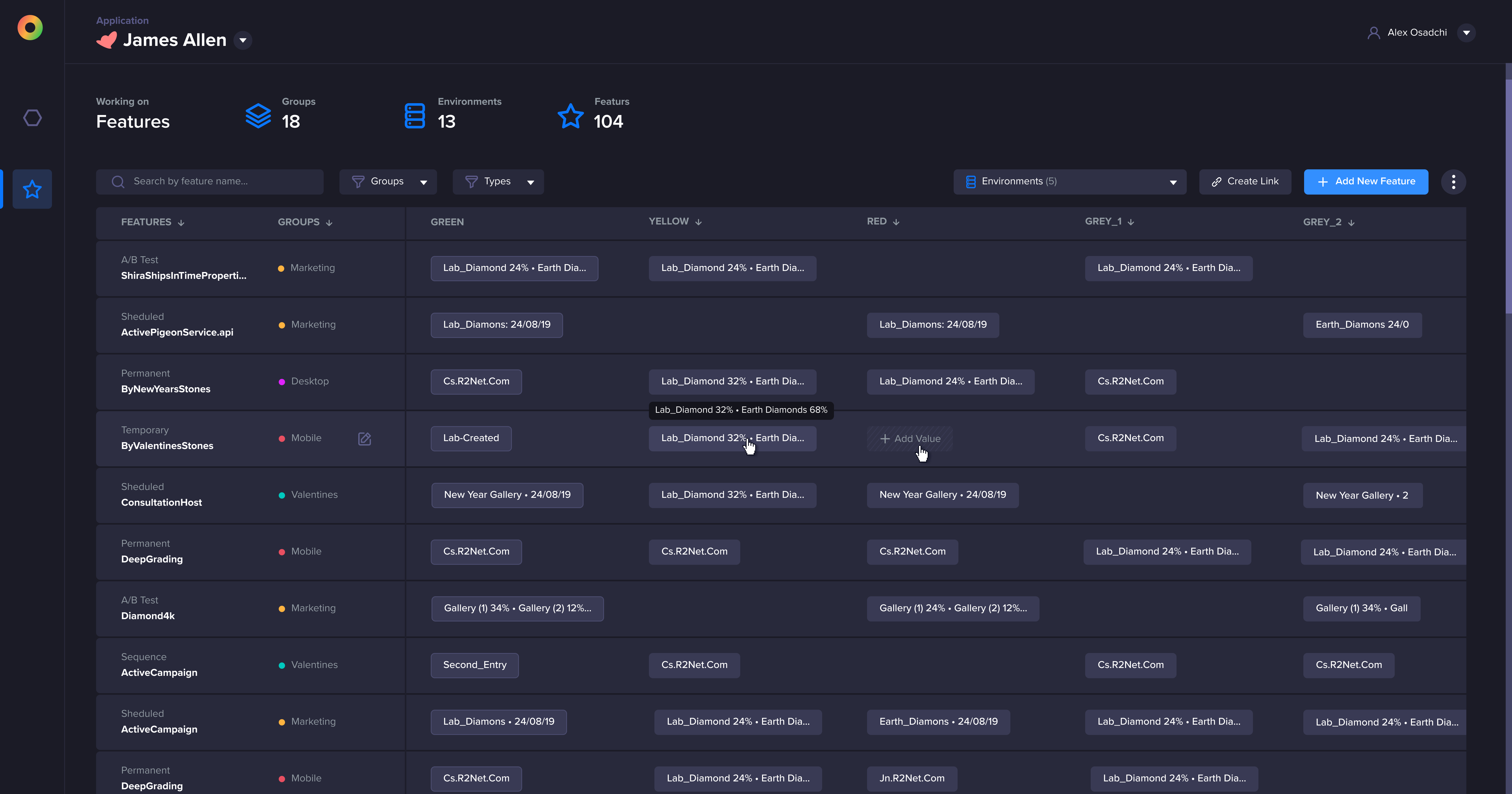 Zero features table with feature groups, environments, values, and rollout states.