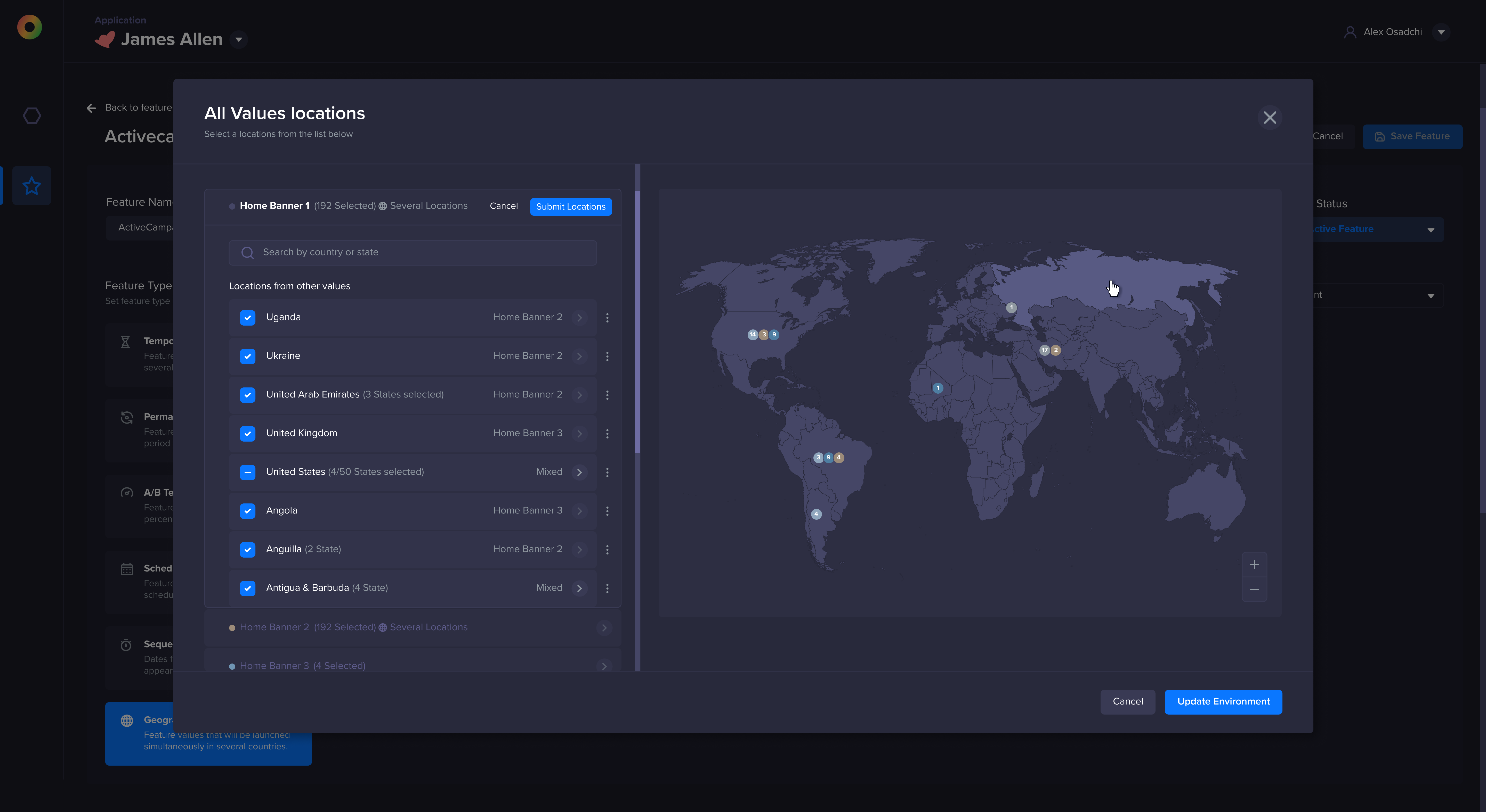 Zero geographic feature modal with selected countries, mixed rollout states, and a world map.