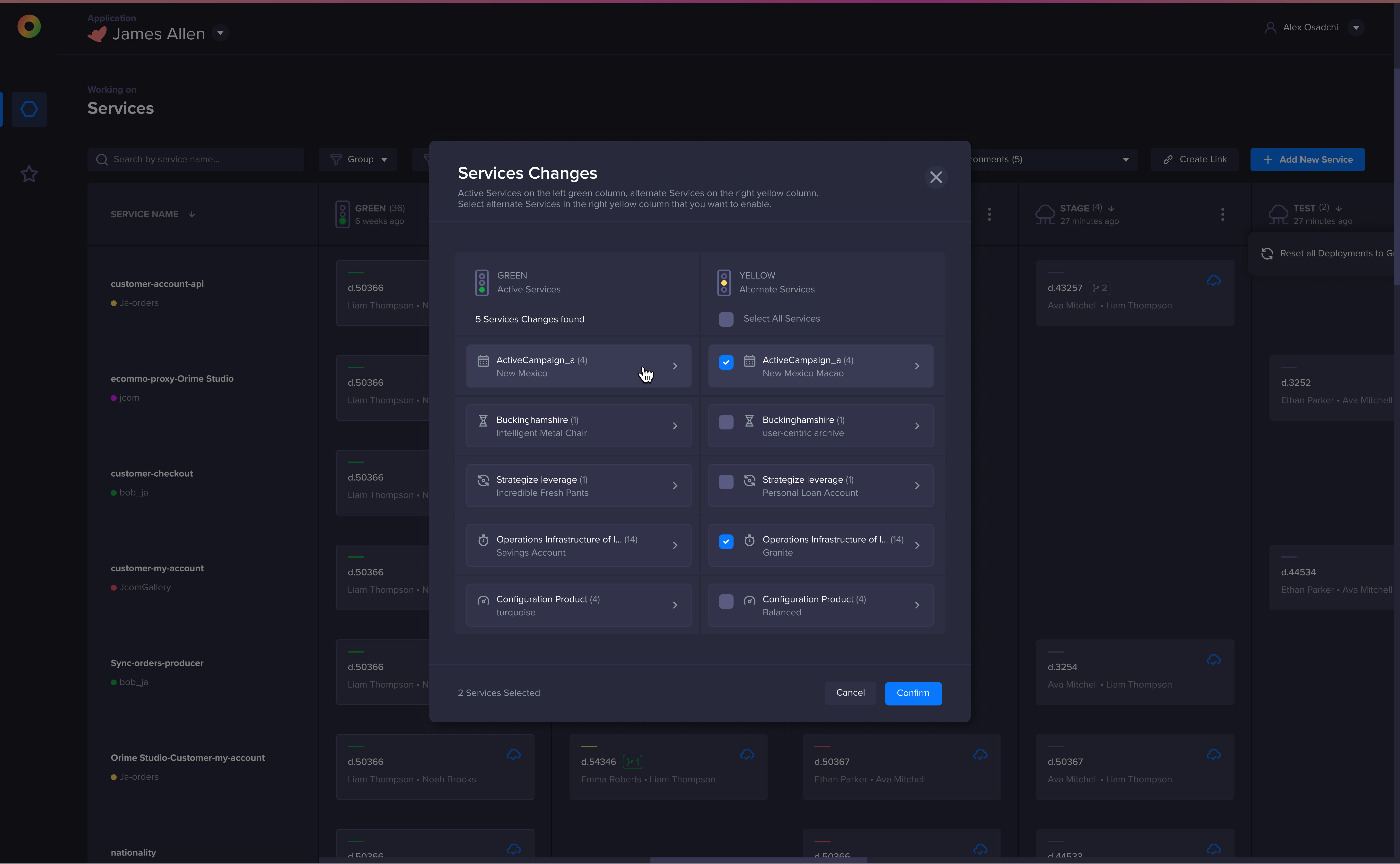 Zero services changes modal comparing active green services with alternate yellow services.