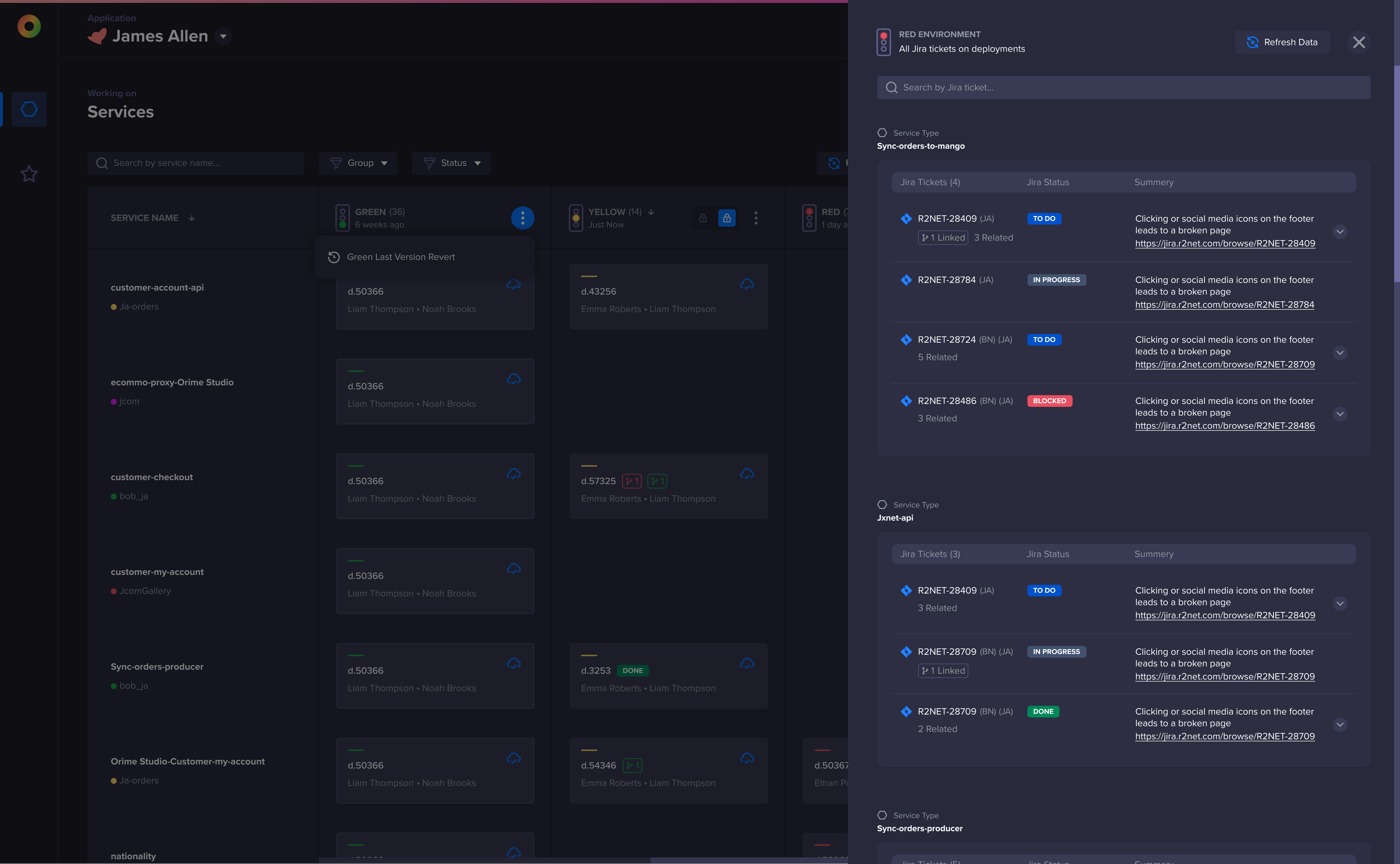 Zero services board with a Jira deployments drawer listing tickets, statuses, summaries, and related work.